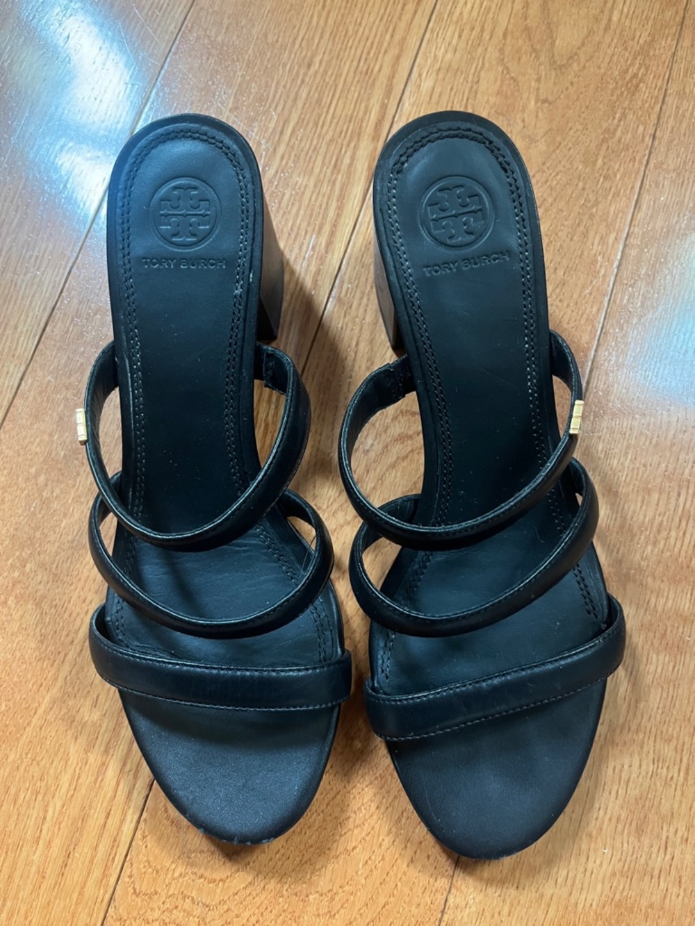Tory Burch Black Leather Triple-Strap Block Heel Mules - Picture 3 of 4